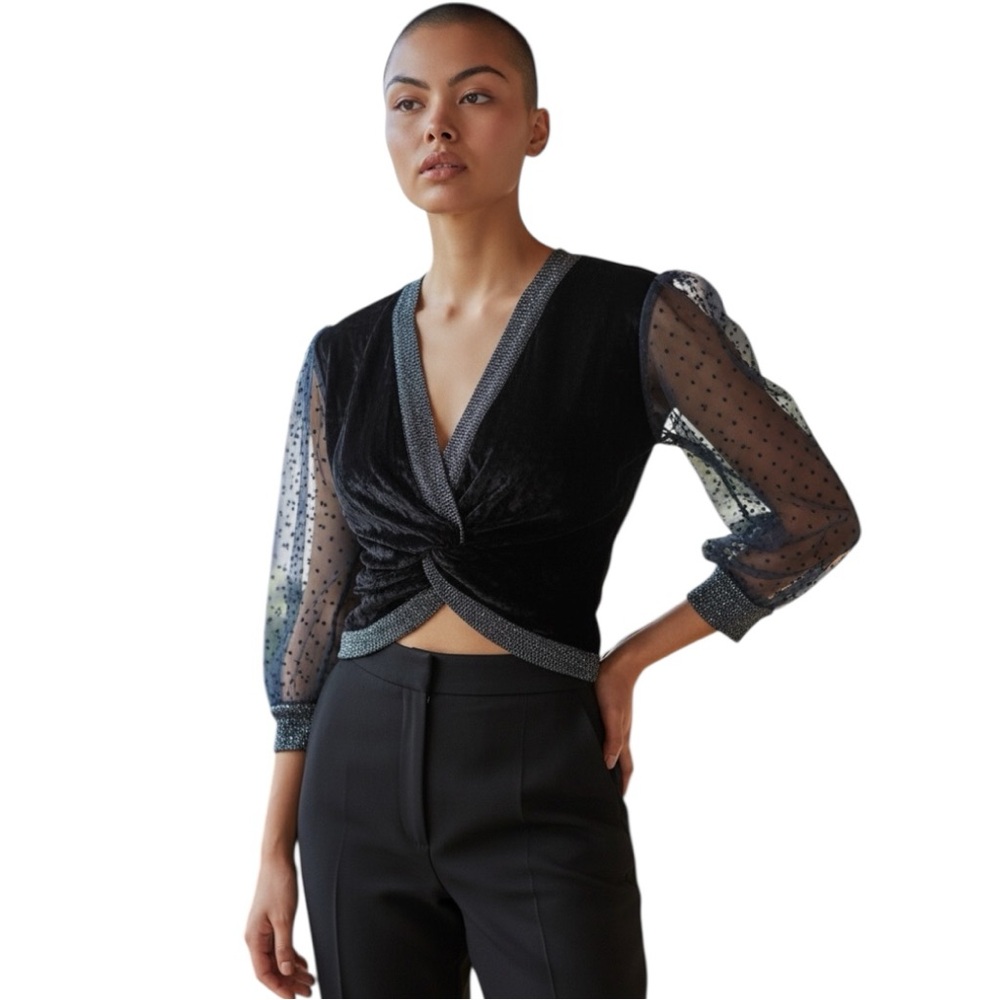 NWT Blank London Veeni Velvet Twist Front Sheer Swiss Dot Top Small